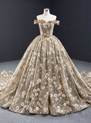 Dark Khaki Ball Gown Tulle Embroidery Appliques Off the Shoulder Prom Dress
