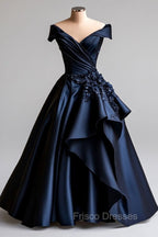Dark Navy A-Line V Neck Satin Long Formal Prom Dress Simple Applique Evening Dress