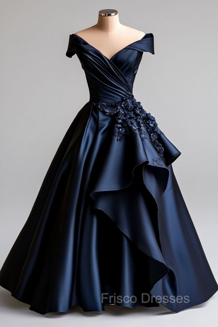 Dark Navy A-Line V Neck Satin Long Formal Prom Dress Simple Applique Evening Dress