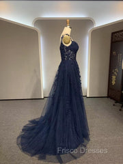 Dark Navy Blue Long Lace Formal Prom Dress, Dark Navy Blue Long Lace Formal Evening Dress