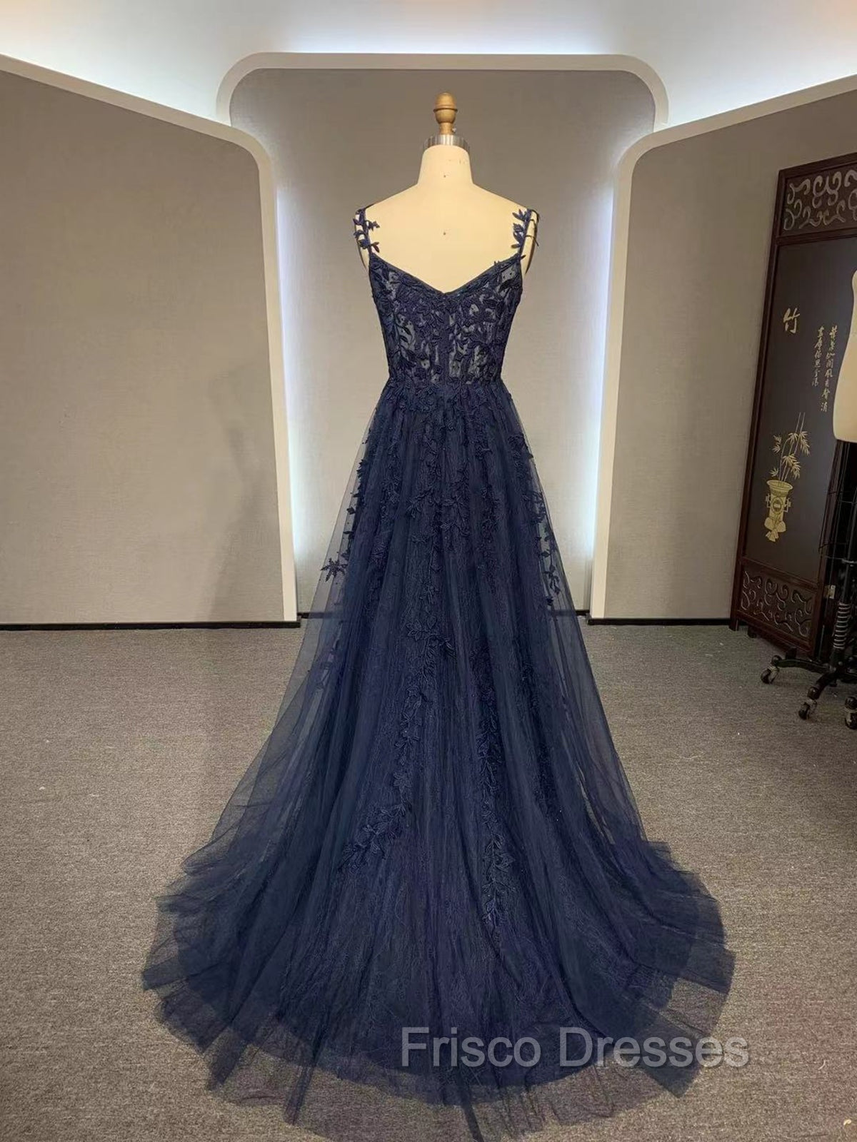 Dark Navy Blue Long Lace Formal Prom Dress, Dark Navy Blue Long Lace Formal Evening Dress Secondary image