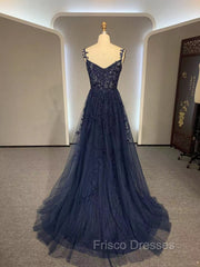 Dark Navy Blue Long Lace Formal Prom Dress, Dark Navy Blue Long Lace Formal Evening Dress