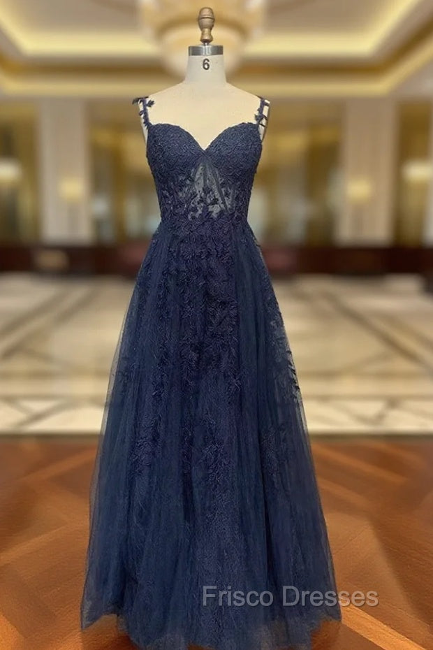 Dark Navy Blue Long Lace Formal Prom Dress, Dark Navy Blue Long Lace Formal Evening Dress Main image