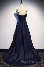 Dark Navy Blue Long Satin Formal Prom Dress, Dark Navy Blue Long Formal Evening Dress