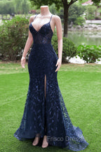 Dark Navy Blue Formal Prom Dress Long Sequins Mermaid Women Tulle Evening Dress Spaghetti Straps