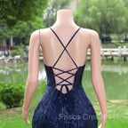 Dark Navy Blue Formal Prom Dress Long Sequins Mermaid Women Tulle Evening Dress Spaghetti Straps
