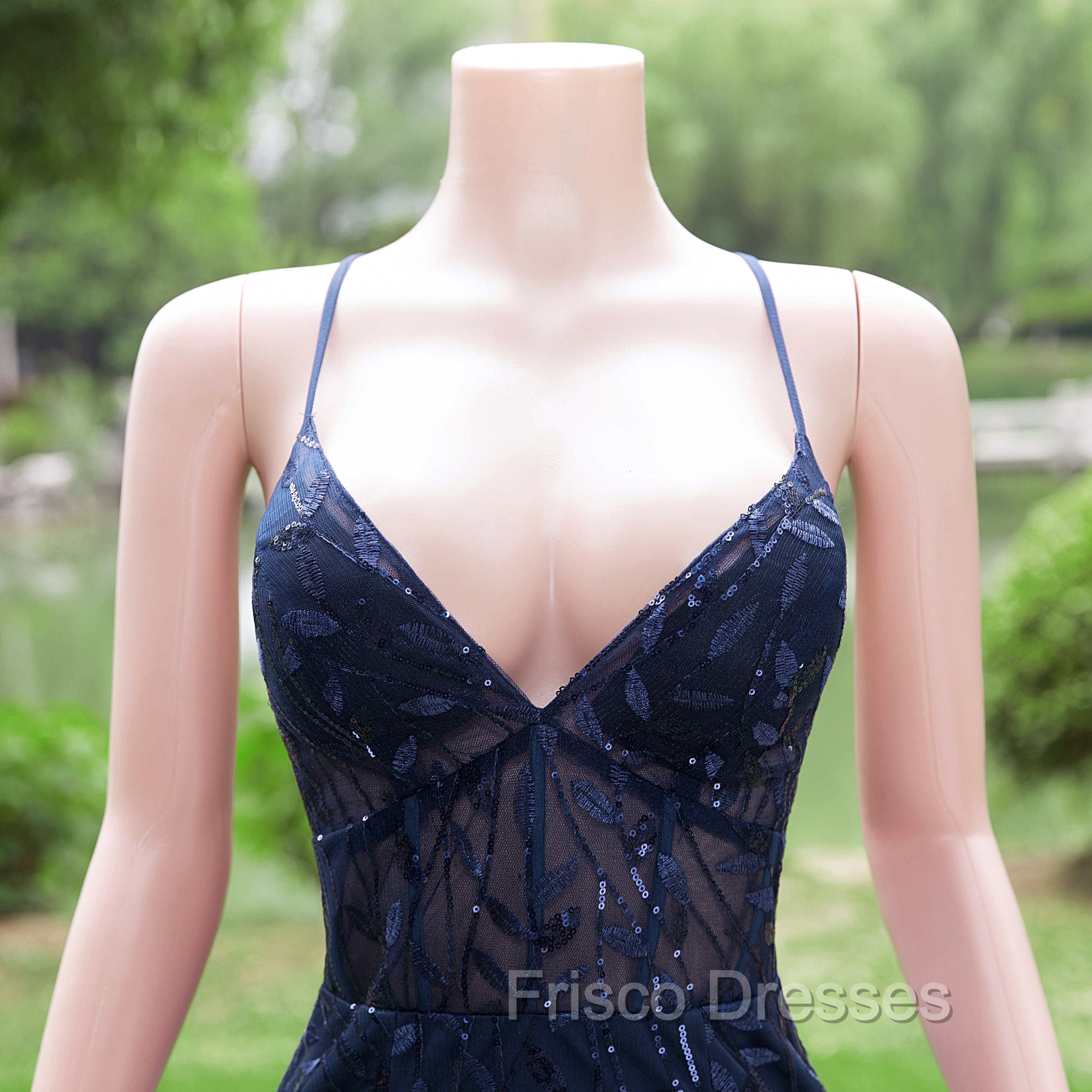 Dark Navy Blue Formal Prom Dress Long Sequins Mermaid Women Tulle Evening Dress Spaghetti Straps