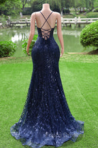 Dark Navy Blue Formal Prom Dress Long Sequins Mermaid Women Tulle Evening Dress Spaghetti Straps
