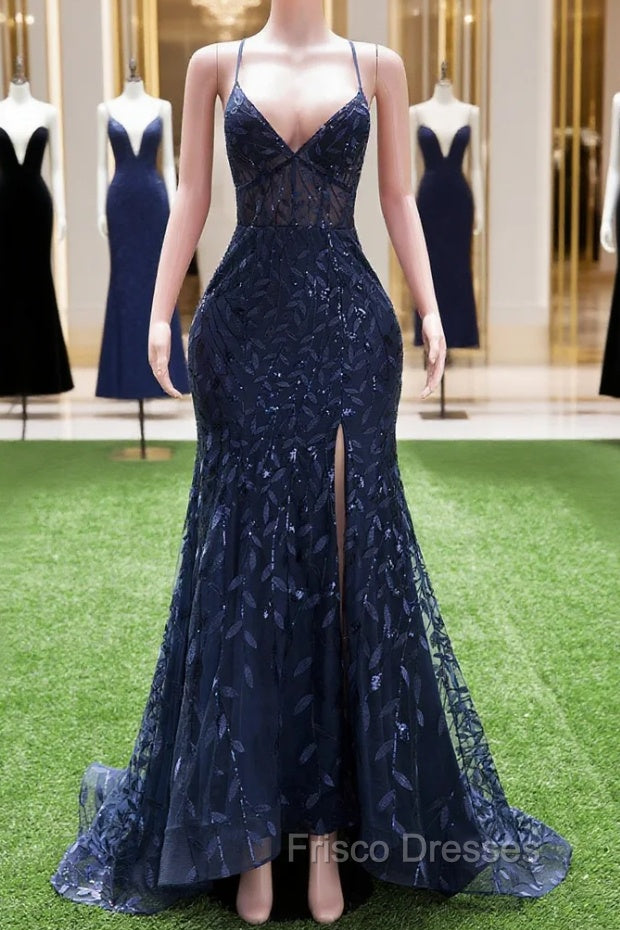 Dark Navy Blue Formal Prom Dress Long Sequins Mermaid Women Tulle Evening Dress Spaghetti Straps Main image