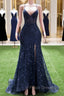 Dark Navy Blue Formal Prom Dress Long Sequins Mermaid Women Tulle Evening Dress Spaghetti Straps