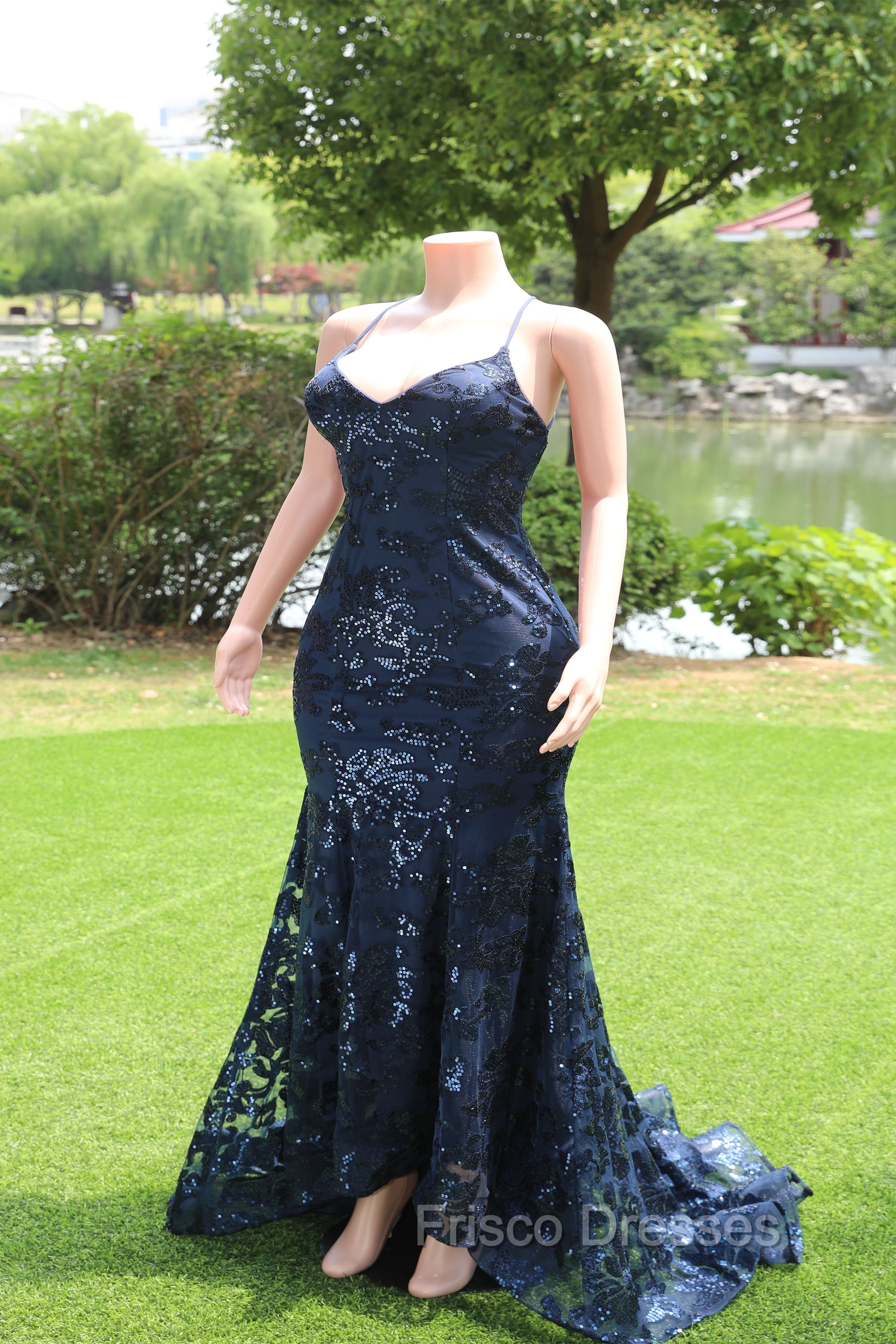 Dark Navy Blue Formal Prom Dress Sequins Mermaid Tulle Long Evening Dress Spaghetti Straps