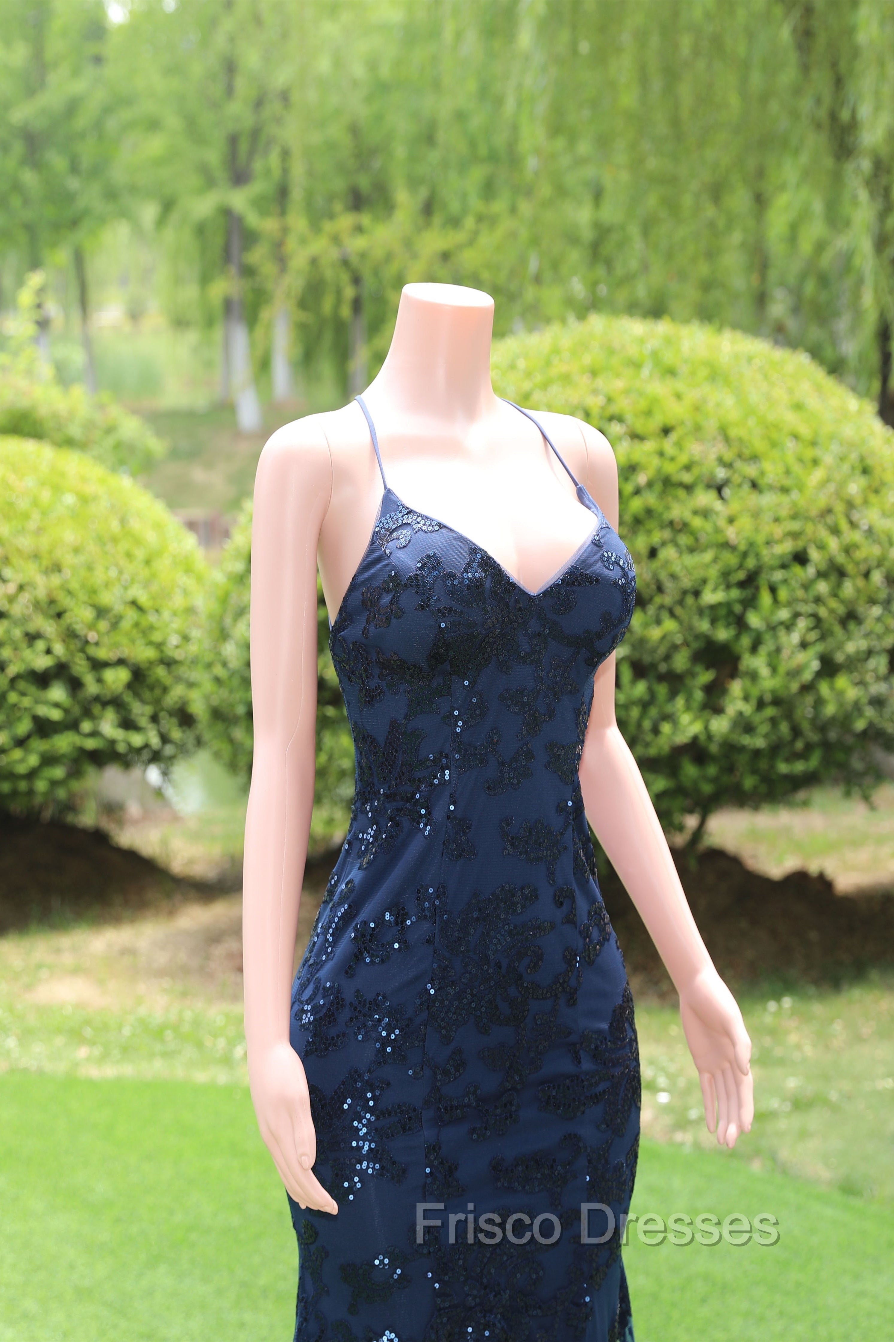 Dark Navy Blue Formal Prom Dress Sequins Mermaid Tulle Long Evening Dress Spaghetti Straps