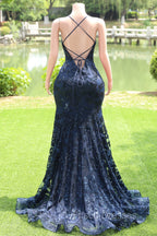 Dark Navy Blue Formal Prom Dress Sequins Mermaid Tulle Long Evening Dress Spaghetti Straps