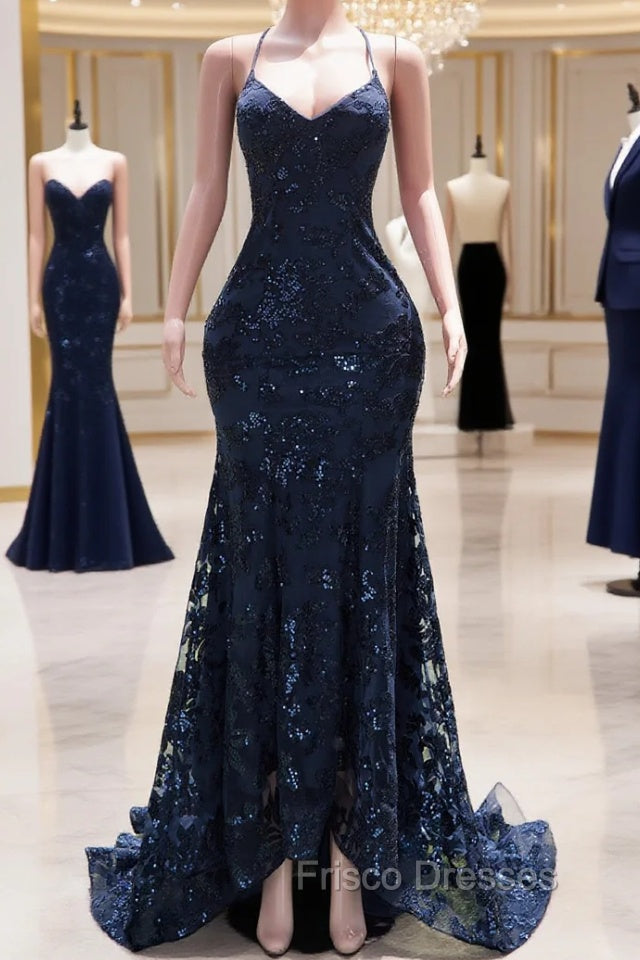 Dark Navy Blue Formal Prom Dress Sequins Mermaid Tulle Long Evening Dress Spaghetti Straps Main image