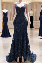 Dark Navy Blue Formal Prom Dress Sequins Mermaid Tulle Long Evening Dress Spaghetti Straps