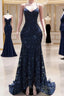 Dark Navy Blue Formal Prom Dress Sequins Mermaid Tulle Long Evening Dress Spaghetti Straps