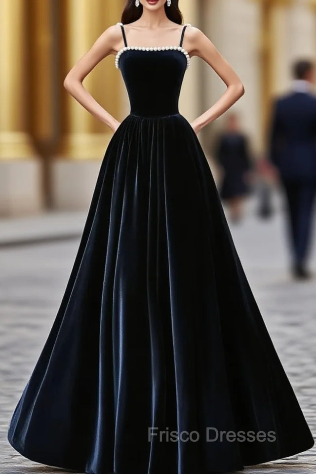 Dark Navy Blue Velvet Long Formal Prom Dress, Dark Navy Blue Velvet Long Formal Evening Dress Main image