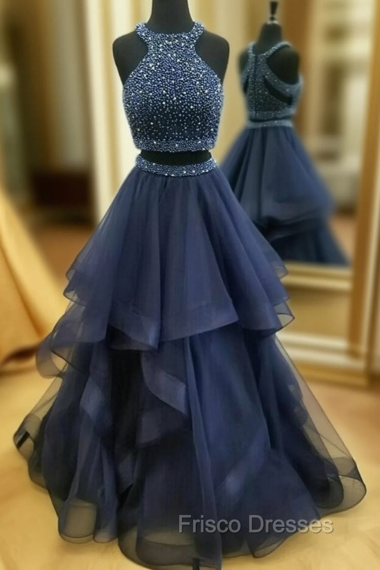 Dark Navy Halter Two Piece High Neck Tulle Beading Formal Prom Dress Main image