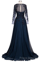 Dark Navy Long A-line Jewel Tulle Formal Prom Evening Dress with Sleeves