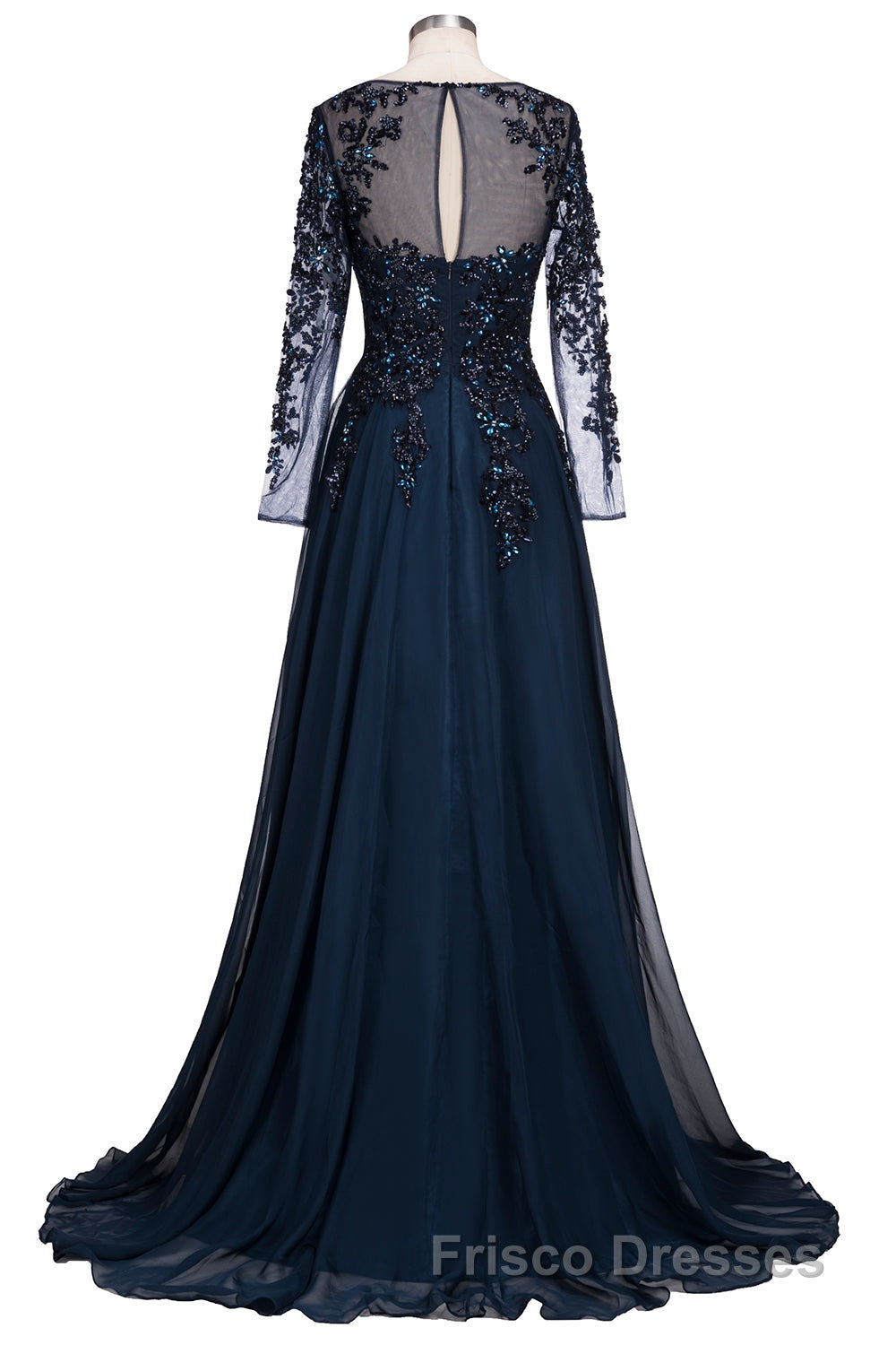Dark Navy Long A-line Jewel Tulle Formal Prom Evening Dress with Sleeves