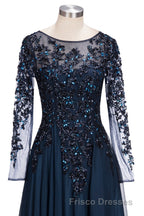 Dark Navy Long A-line Jewel Tulle Formal Prom Evening Dress with Sleeves