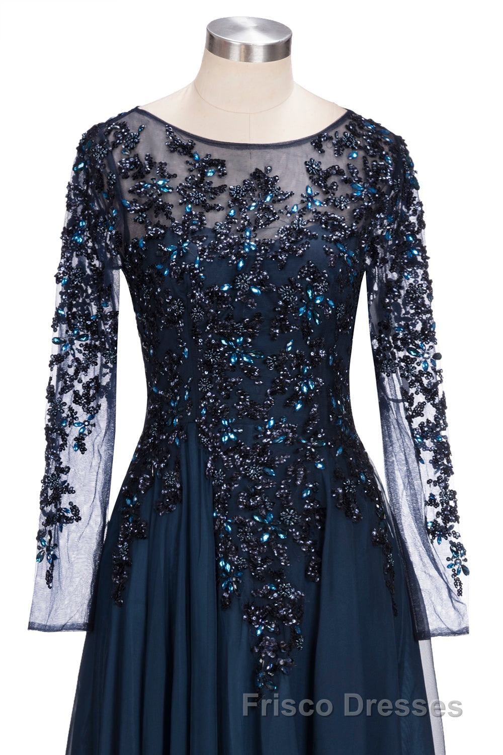 Dark Navy Long A-line Jewel Tulle Formal Prom Evening Dress with Sleeves