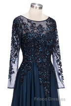 Dark Navy Long A-line Jewel Tulle Formal Prom Evening Dress with Sleeves