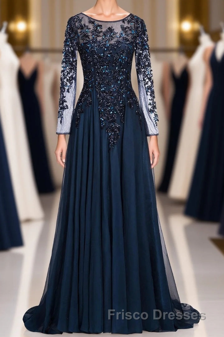 Dark Navy Long A-line Jewel Tulle Formal Prom Evening Dress with Sleeves Main image