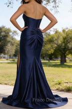 Dark Navy Mermaid Sweetheart Corset Long Prom Dress with Slit