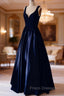Dark Navy Formal Prom Dress, A-line/Princess V Neck Sleeveless Long/Floor-Length Satin Formal Prom Dress