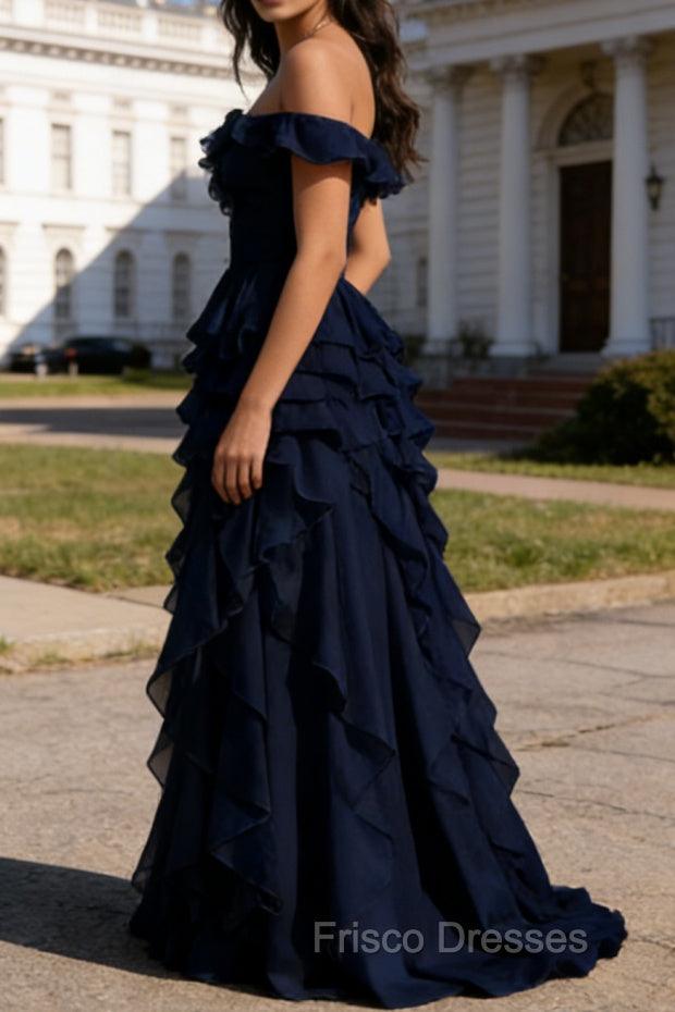 Dark Navy Ruffled A-Line Square Neck Long Prom Dress