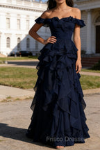Dark Navy Ruffled A-Line Square Neck Long Prom Dress