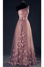 Dark Pink One Shoulder Flowers Tulle Bridesmaid Dress, A-Line Pink Formal Prom Dress