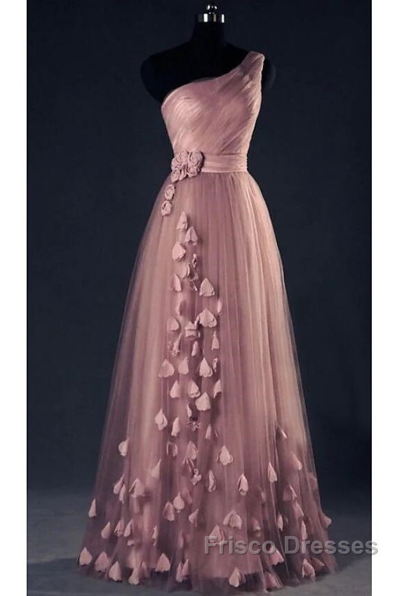 Dark Pink One Shoulder Flowers Tulle Bridesmaid Dress, A-Line Pink Formal Prom Dress