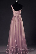 Dark Pink One Shoulder Flowers Tulle Bridesmaid Dress, A-Line Pink Formal Prom Dress