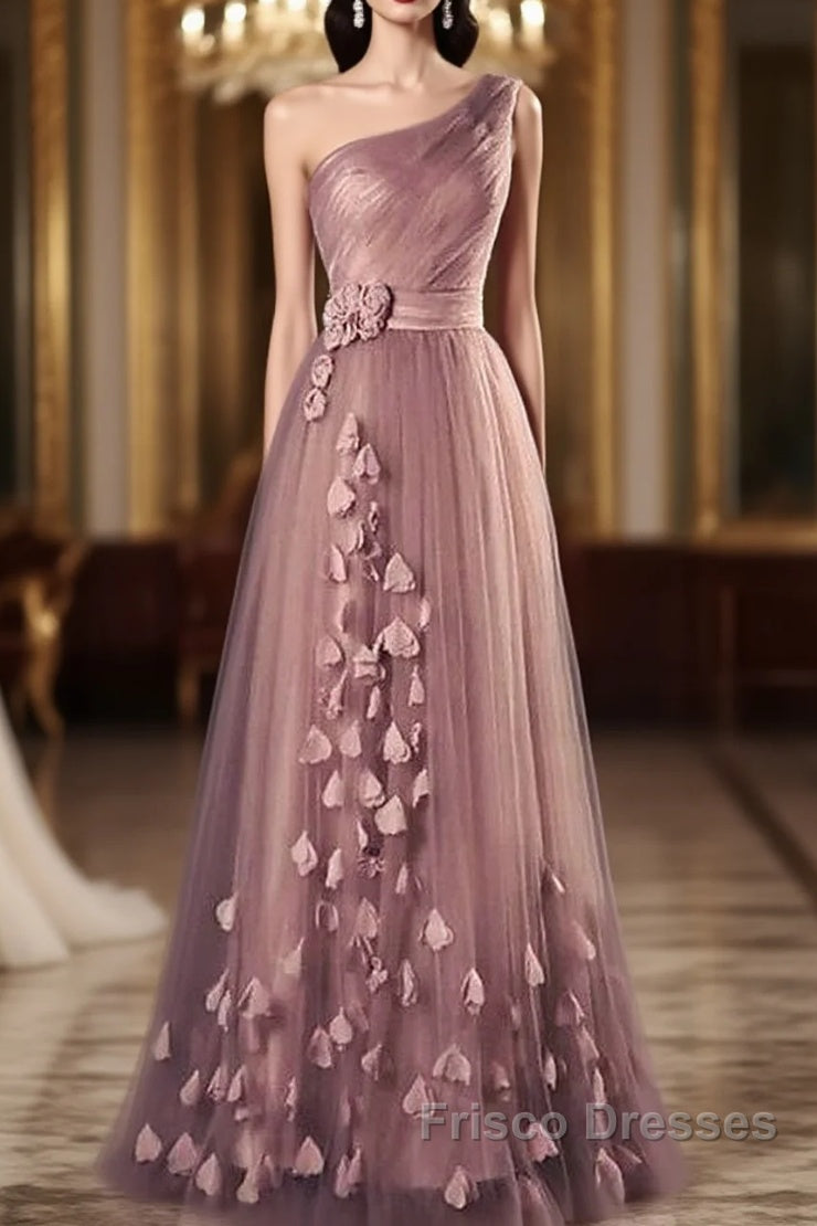 Dark Pink One Shoulder Flowers Tulle Bridesmaid Dress, A-Line Pink Formal Prom Dress