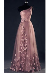 Dark Pink One Shoulder Flowers Tulle Bridesmaid Dresses, A-Line Pink Prom Dresses