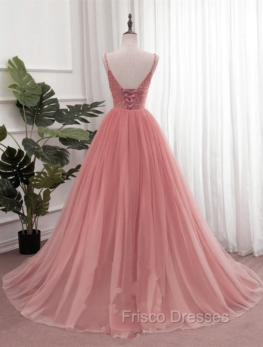 Dark Pink Sequins V-neckline Straps Long Evening Dress, Tulle Pink Formal Prom Dress Secondary image