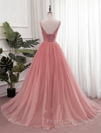 Dark Pink Sequins V-neckline Straps Long Evening Dress, Tulle Pink Formal Prom Dress