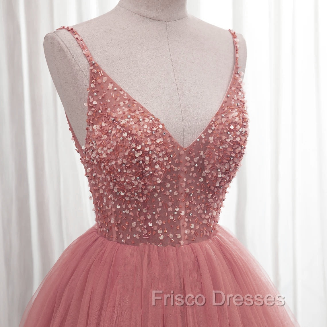 Dark Pink Sequins V-neckline Straps Long Evening Dress, Tulle Pink Formal Prom Dress