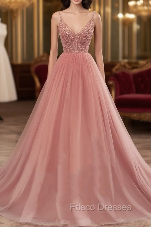 Dark Pink Sequins V-neckline Straps Long Evening Dress, Tulle Pink Formal Prom Dress