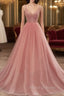 Dark Pink Sequins V-neckline Straps Long Evening Dress, Tulle Pink Formal Prom Dress