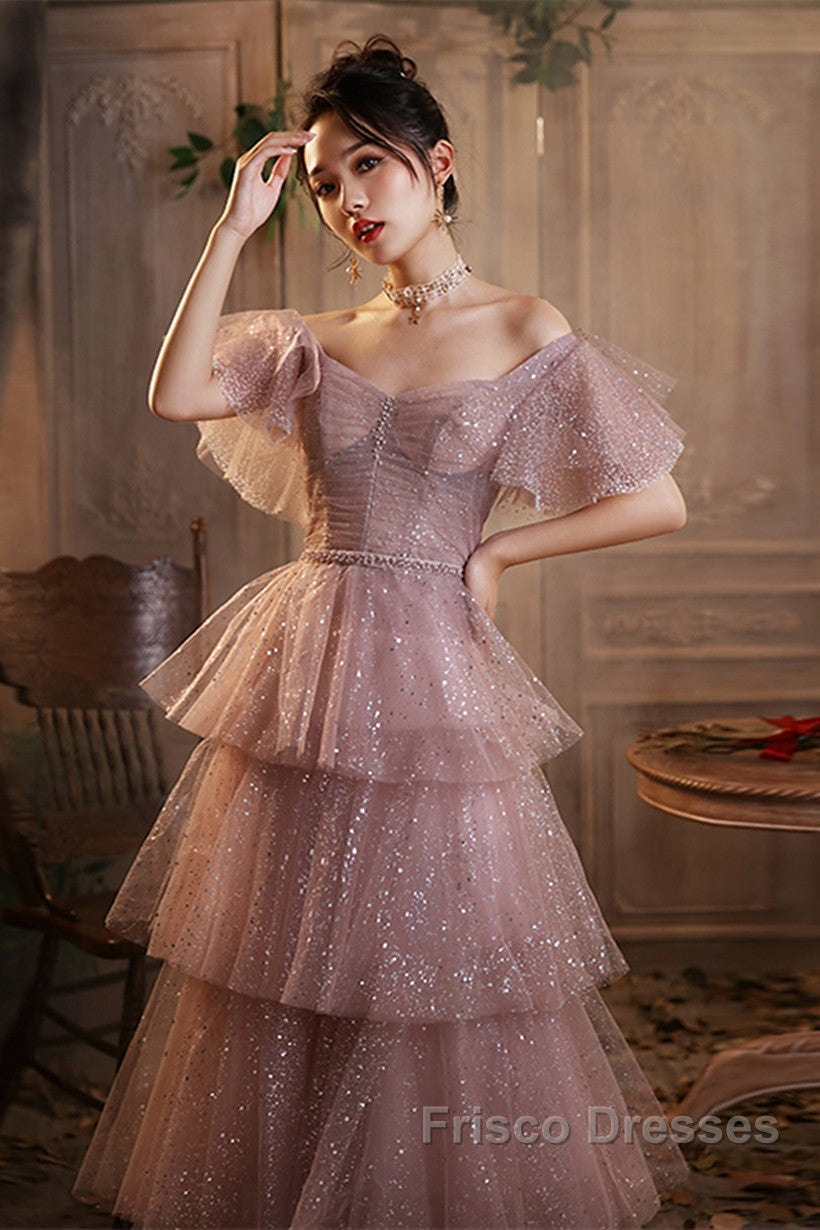 Dark Pink Shiny Tulle Short Sleeves Party Dress, Beaded Pink Tulle Formal Prom Dress