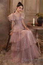 Dark Pink Shiny Tulle Short Sleeves Party Dress, Beaded Pink Tulle Formal Prom Dress