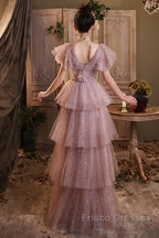 Dark Pink Shiny Tulle Short Sleeves Party Dress, Beaded Pink Tulle Formal Prom Dress