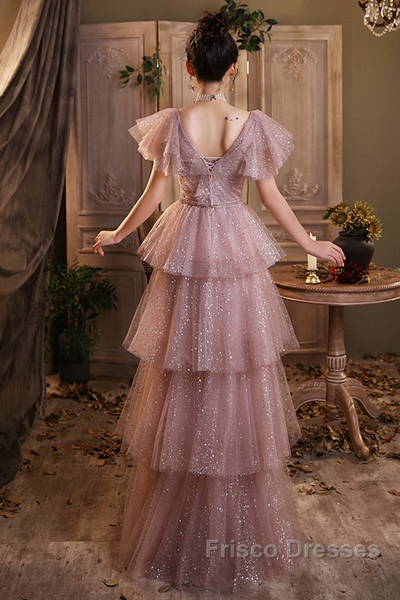 Dark Pink Shiny Tulle Short Sleeves Party Dress, Beaded Pink Tulle Formal Prom Dress