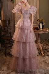 Dark Pink Shiny Tulle Short Sleeves Party Dress, Beaded Pink Tulle Prom Dress