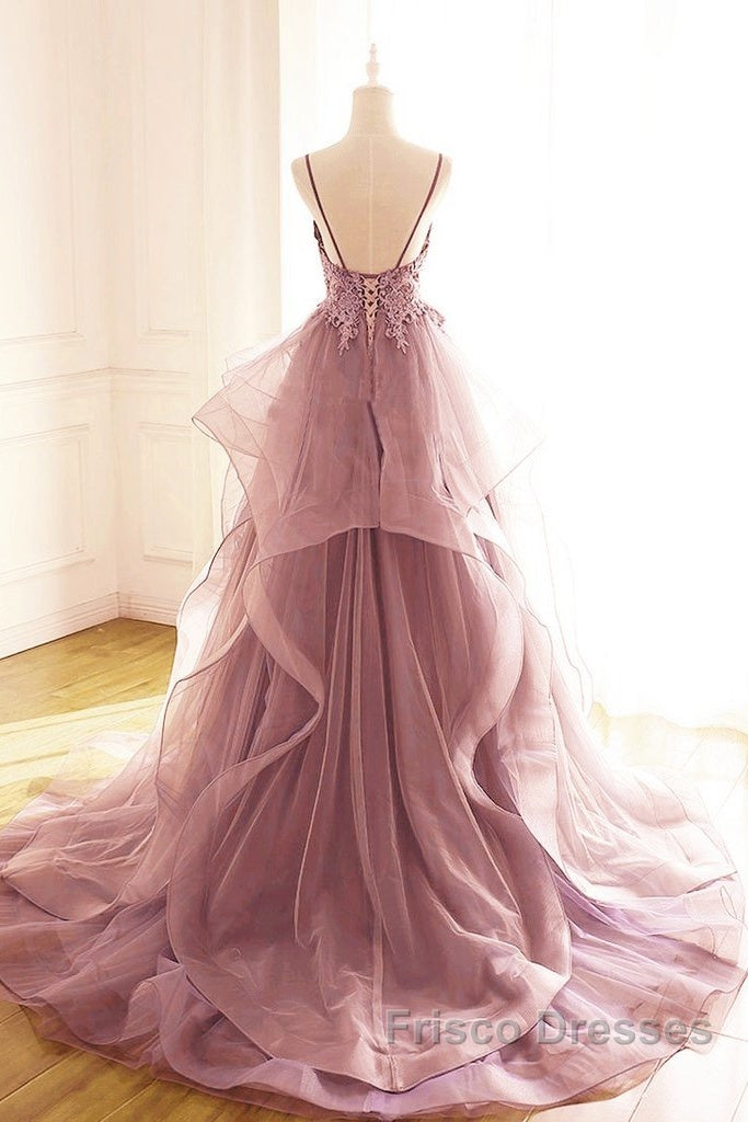 Dark Pink V-Neck Tulle Lace Formal Prom Dress,Spaghetti Strap Formal Prom Dress,Ruffle A Line Formal Dress Secondary image
