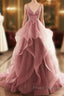 Dark Pink V-Neck Tulle Lace Formal Prom Dress,Spaghetti Strap Formal Prom Dress,Ruffle A Line Formal Dress