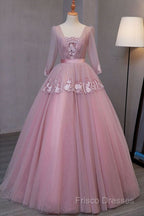 Dark Pink V-Neckline Ball Gown Lace Applique Sweet 16 Dress, Pink Formal Prom Dress Party Dress